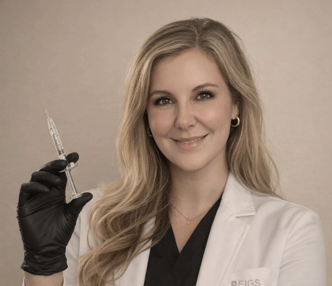 Lauren Meade, PA-C, in a white coat holding a syringe